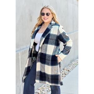 DOUBLE TAKE Plus Dark Blue Plaid Button Up Jacket Pockets Fall NEW